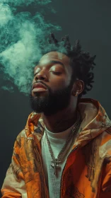 Smoke-drenched daydream with neon-jacketed urban mystic.