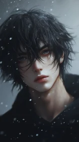 Melancholic dark haired youth stands in softly falling snow