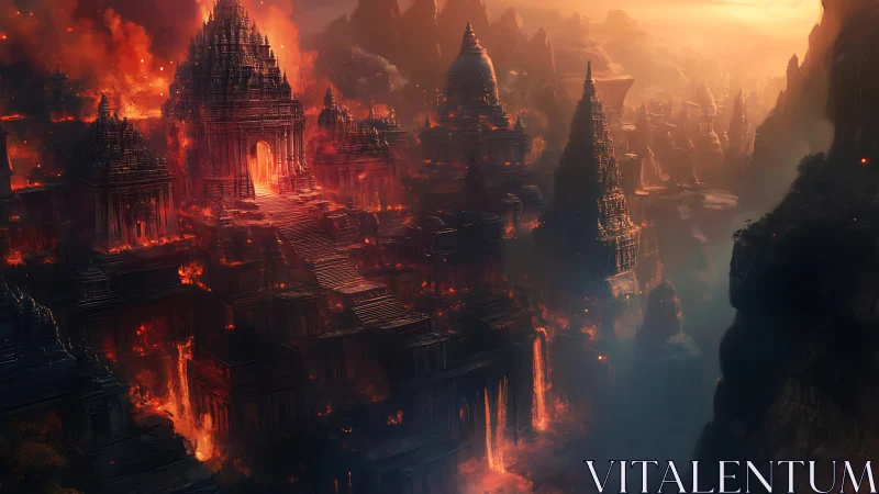 Burning temple megacity engulfed in molten twilight.