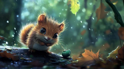 Small stylized squirrel on forest log with autumn foliage.