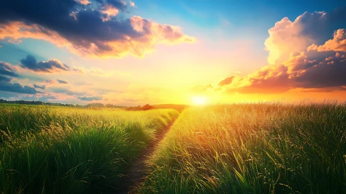 Sunset over rural grass path with dense field horizon line.