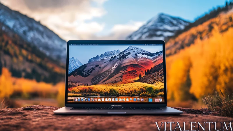 Laptop window opens onto blazing autumn mountain escape.