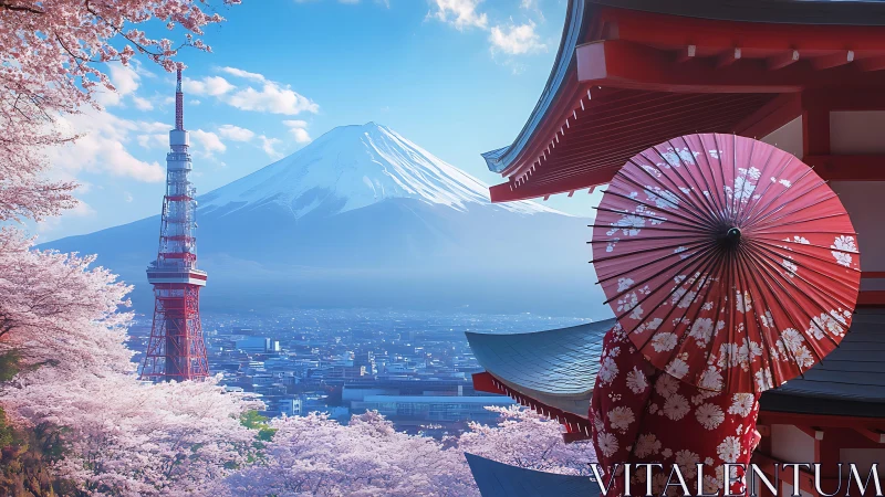 Japanese cityscape with Mount Fuji and cherry blossoms.