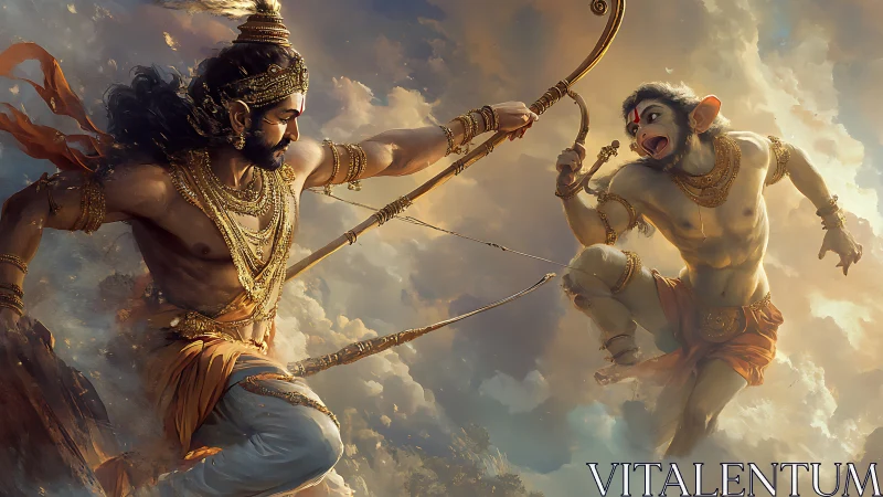 Mythic archer confronting airborne simian warrior in clouds