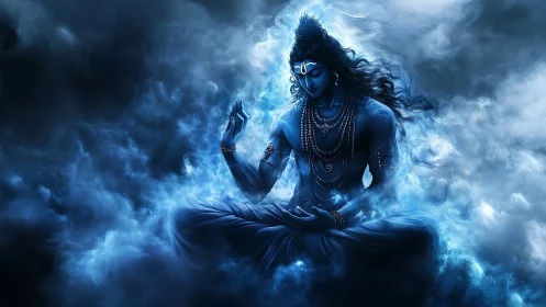 Blue ethereal deity in meditative lotus, enveloped by luminous mist