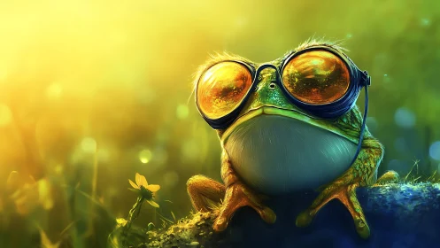 Bright cartoon frog with oversized reflective goggles.