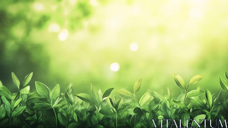 Fresh green leaves glow softly in warm morning sunlight