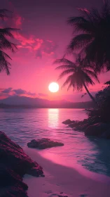Neon-tinted tropical shoreline under stylized magenta sunset light