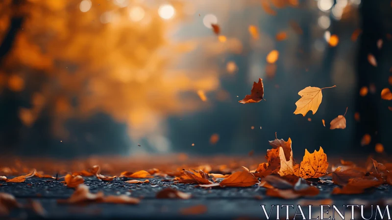 Autumn leaves suspended above ground on a tree-lined path.