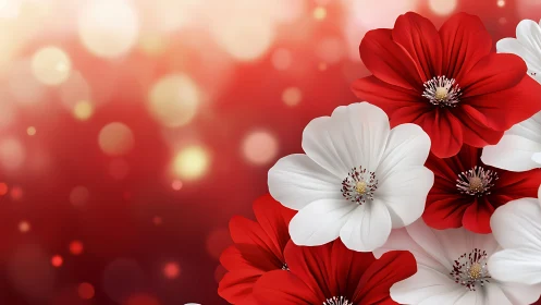Red and White Cosmos Blooms on Vibrant Red Bokeh Background.