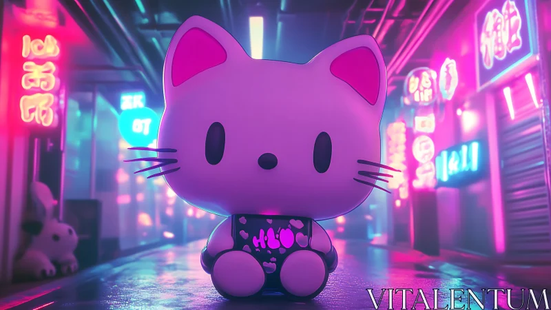 Neon-lit chibi cat figurine in cyberpunk alleyway environment.