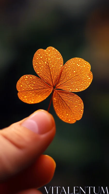 Macro inspection of dewy orange clover leaflet in soft bokeh field.