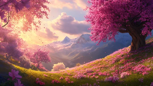 Spectral blossom meadow under alpine backlit atmosphere.