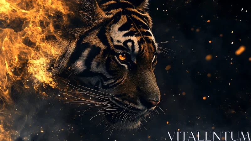 Tiger profile merges with controlled flame and dark backdrop
