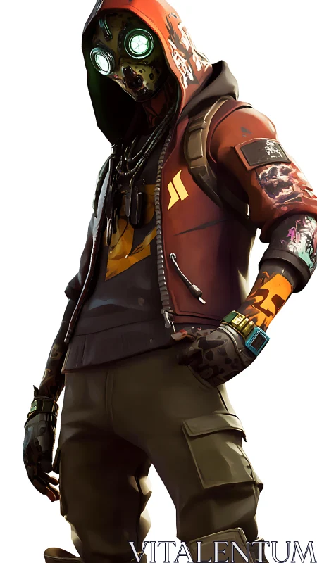 Hooded cyberpunk scavenger with glowing mask and tattoos