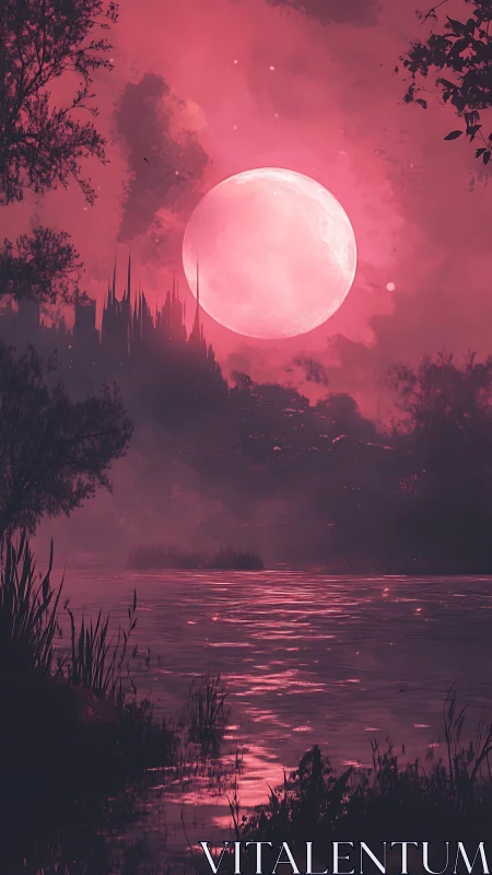 Crimson moon over dark lake and distant spired castle.
