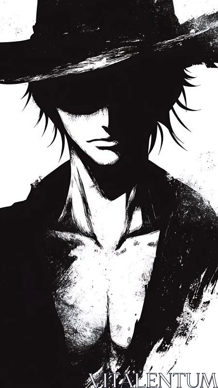 Shadowed swordsman portrait in stark black ink silhouette.