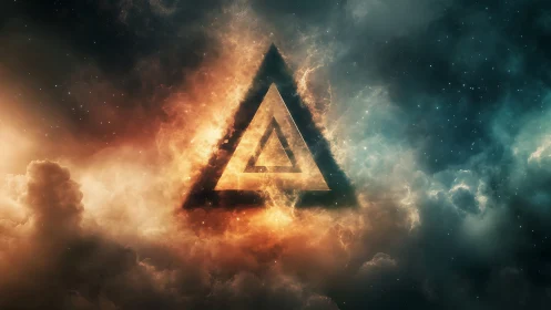 Glowing nested triangle portal suspended in a high-contrast nebula field