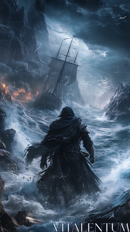 Hooded figure stands in storm surf facing sinking ship