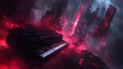Neon requiem piano adrift in a burning cyber skyline.
