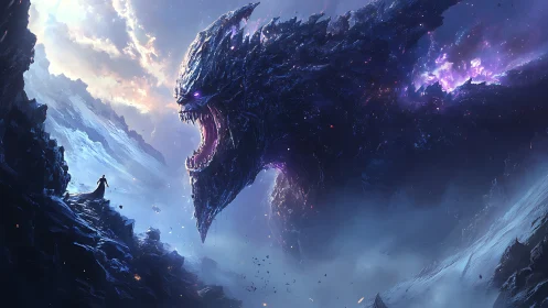 Colossal cosmic dragon confronting lone cloaked figure on ridge