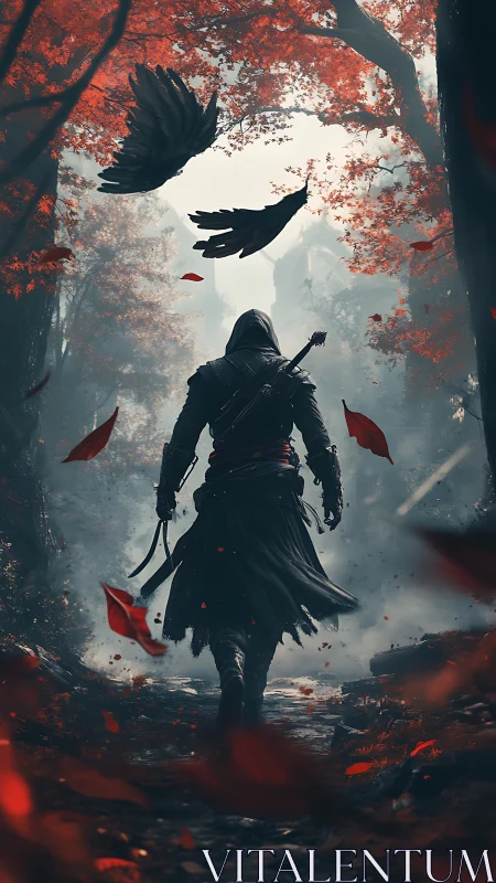 Hooded figure walks through red forest with falling feathers