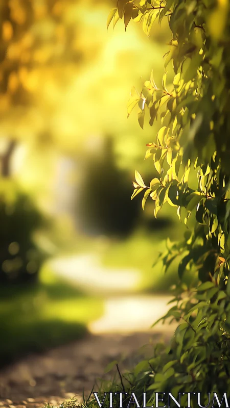 Sunlit garden path framed by softly glowing foliage.