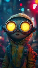 Child explorer wears glowing goggles in neon city rain
