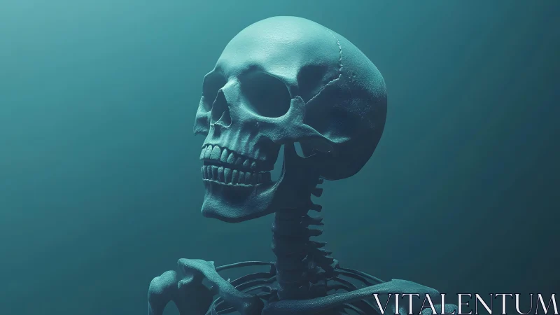 Realistic human skeleton in moody blue lighting, digital art style.