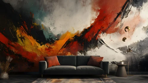 Modern living room with abstract mural and vibrant color palette.