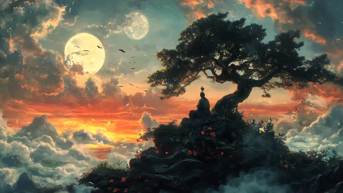 Meditative silhouette beneath windswept tree at dual-moon dusk