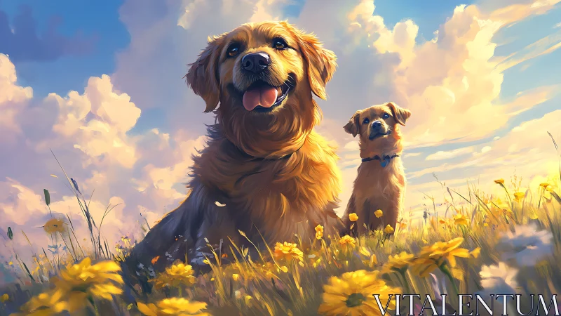 Golden retrievers rest in sunlit wildflower meadow at dusk.