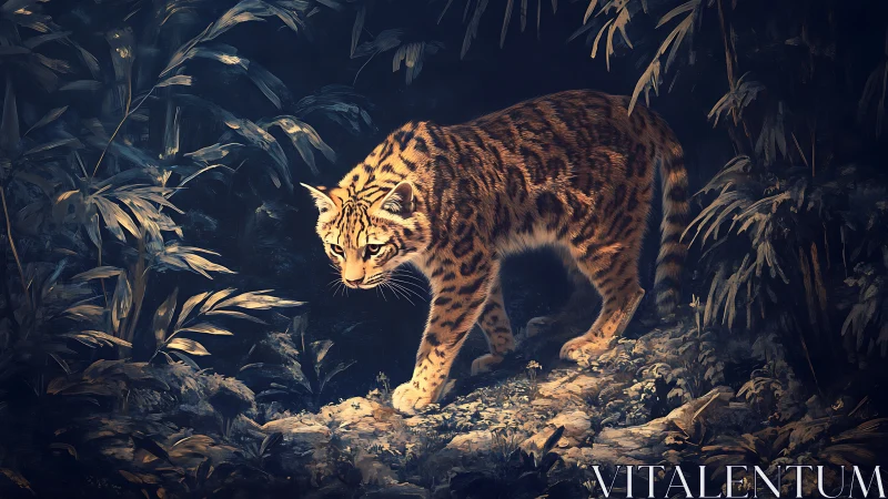 Solitary wildcat prowls dim forest floor in warm light