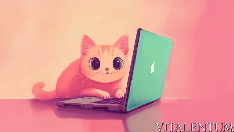 Soft 3D Feline Character Engaged with Gradient Mint Laptop.