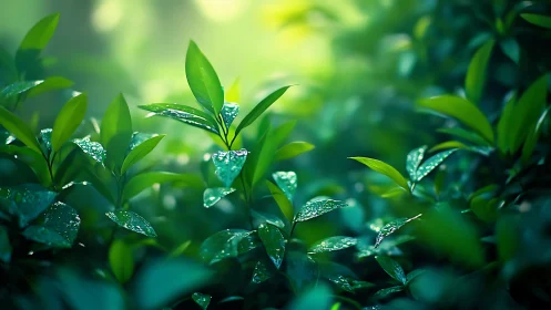 Dew-covered green leaves in soft morning forest light.