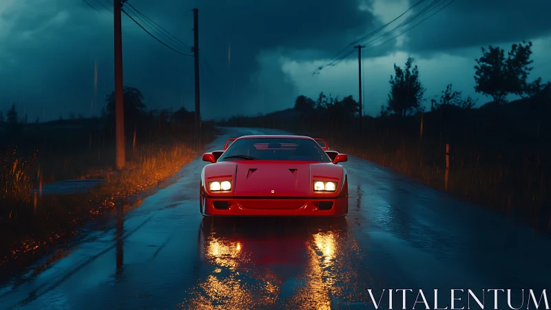 Red sports car on wet rural road under overcast sky at dusk.