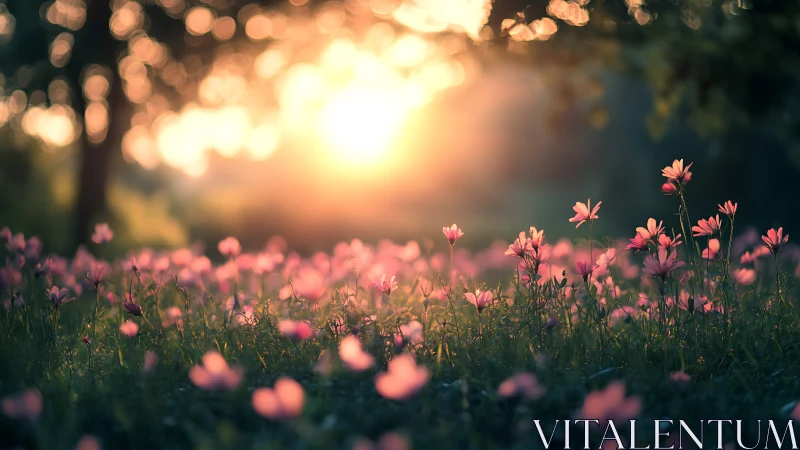 Pink Flowers in Golden Hour Backlit by Sunset Glow