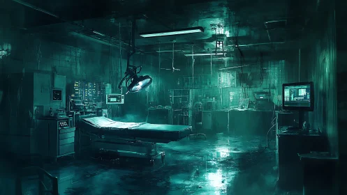 Moody abandoned surgery room glowing with eerie teal light.