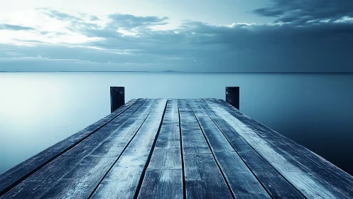Wooden pier extending into calm monochrome blue water.