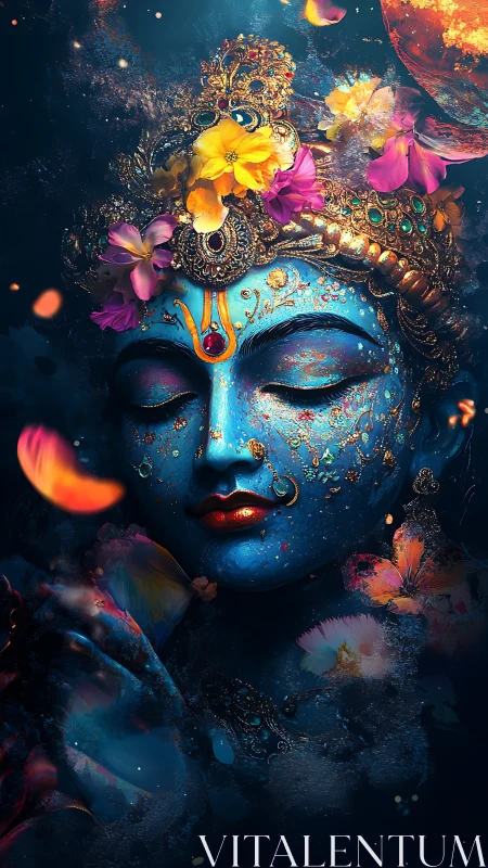 Digital painting of celestial blue deity portrait with florals.