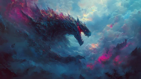 Digital dragon silhouette emerges from turbulent colored clouds