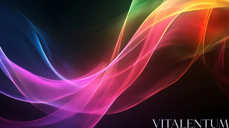 Flowing rainbow light waves drifting across the darkness.