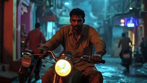 Nocturnal rider in cinematic neon-lit alleyway composition.
