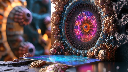 Iridescent fractal portal with bio-mechanical coral forms.