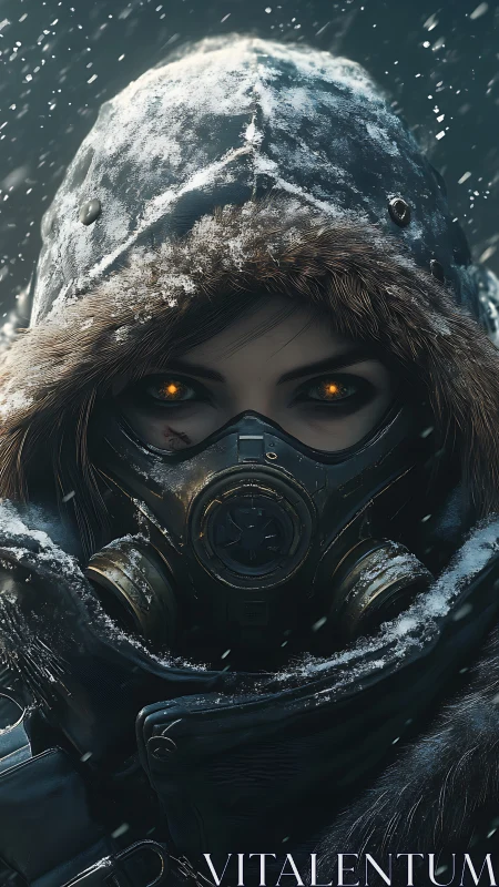 Snowbound wanderer with glowing eyes in a frozen storm.