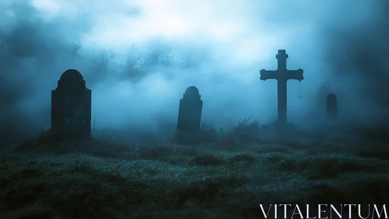 Fog-shrouded graveyard silhouettes rise under cold blue light