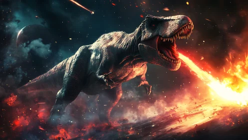 Fire-breathing T-Rex rampages through a burning cosmic wasteland