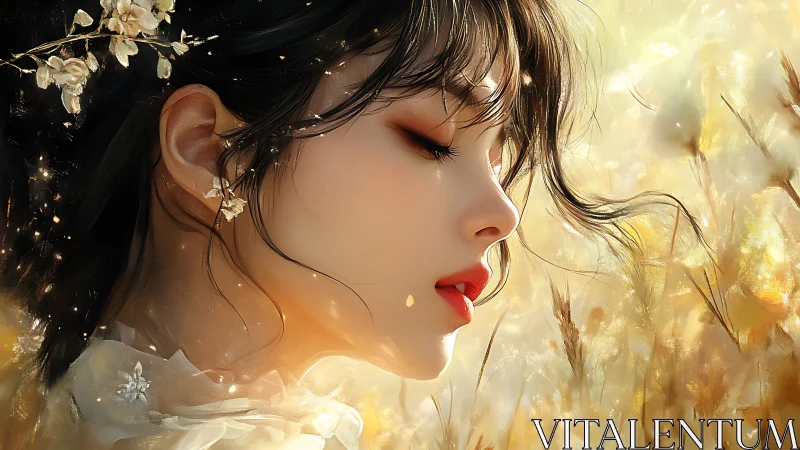 Golden daydream muse in flowering light-kissed fields.