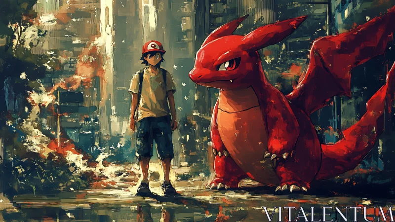 Trainer with red dragon creature in textured urban ruins.