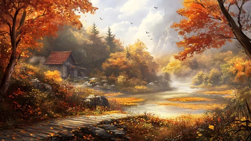 Autumnal riverside cabin in volumetric mist and warm foliage.